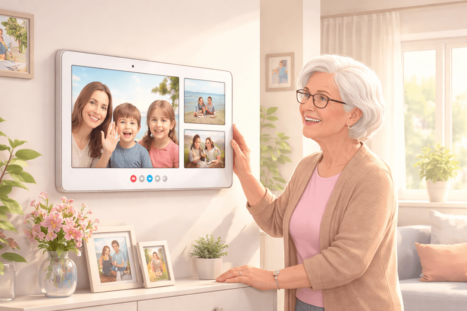 Ældre kvinde bruger Forældre-skærmen til at se familiebilleder og videoopkald